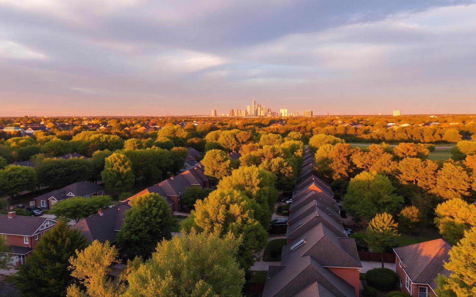 Aerial view of tree-lined Charlotte neighborhoods with the city skyline on the horizon at golden hour
