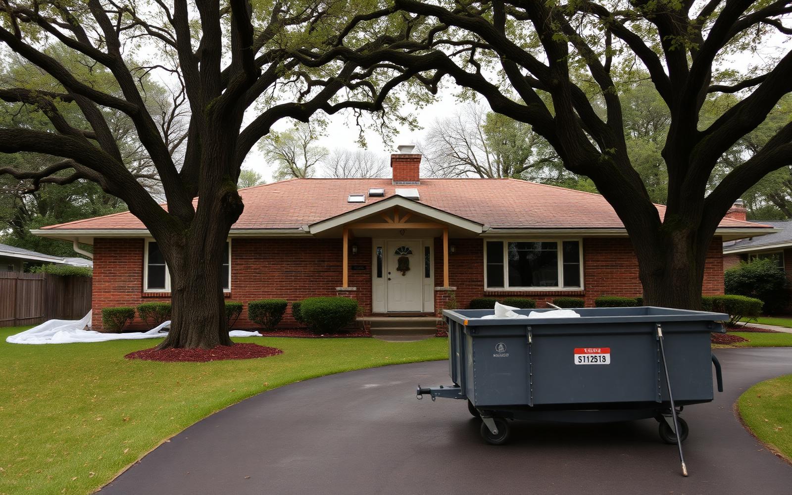 A 1960s brick ranch mid whole-house renovation with a dumpster in the driveway and new roof work underway