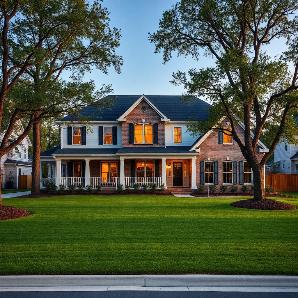 A newly completed luxury home with fresh landscaping on a tree-lined Charlotte street at dusk