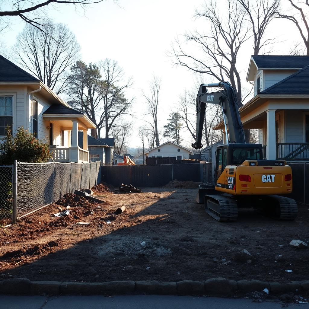 An excavator on a cleared residential infill lot between two existing homes in Charlotte