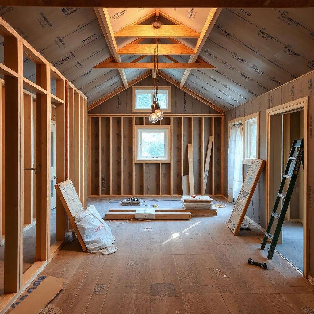 The interior of a Charlotte home mid-renovation with new framing and work lights